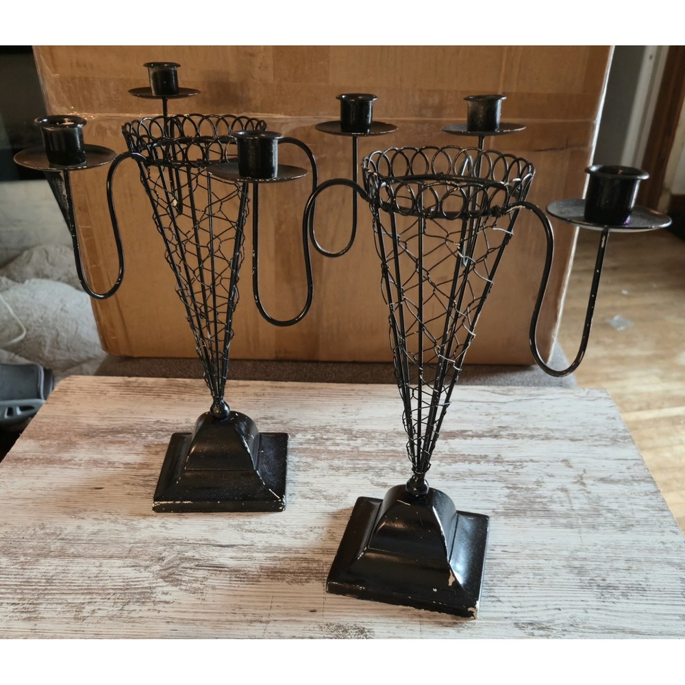 Pair Black Wire Cone Candelabra 3 Arm Candle Holder Gothic Halloween Decor 14"